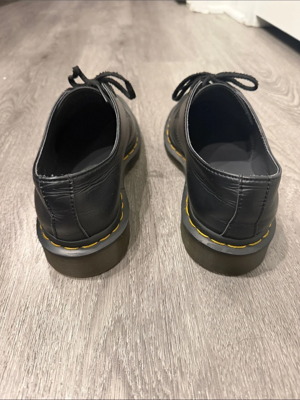 Dr. Martens Black Leather Low-Top Derby with Yellow Stitching